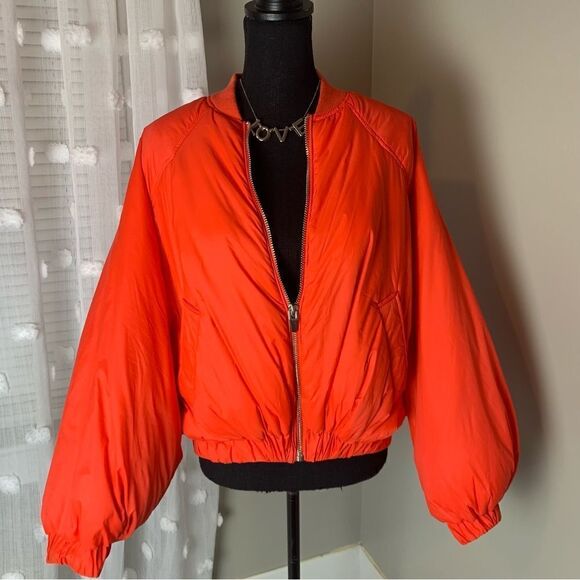 Zara red orange cropped zip front bomber long sleeve‎ puffer jacket size xs - Picture 14 of 15